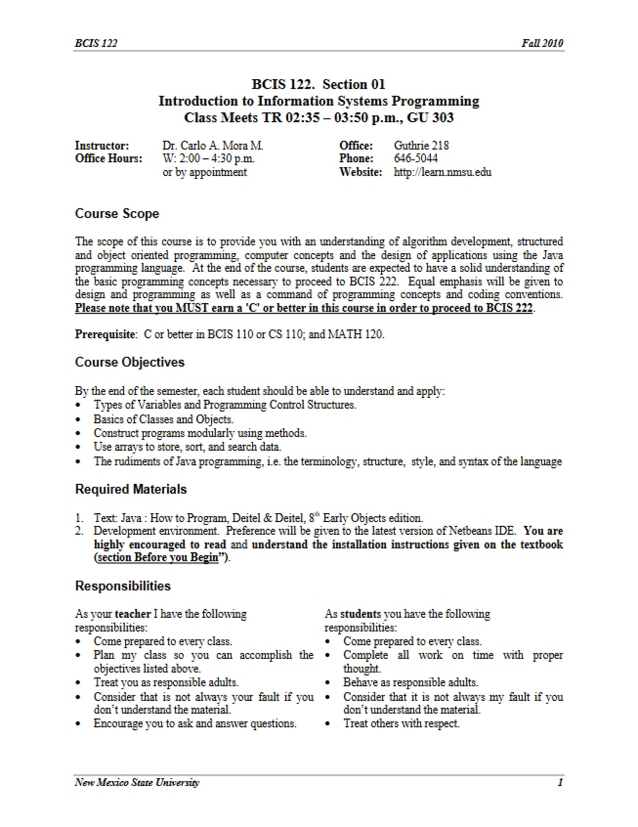 Introduction to Information Systems Programming Syllabus from Fall 2010 by Dr. Carlo Mora