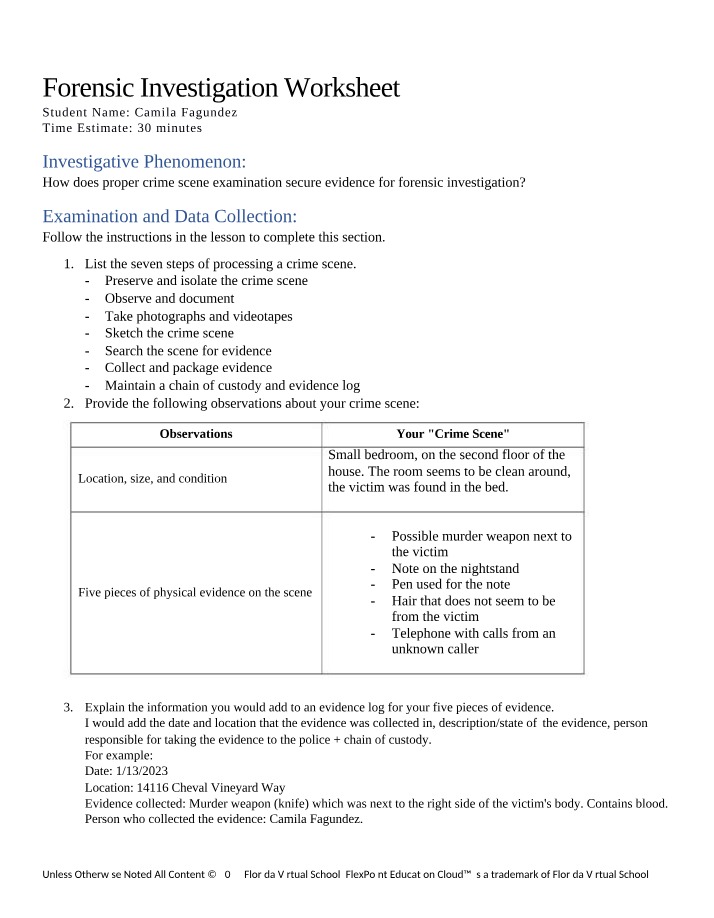 Worksheet on Forensic Investigation