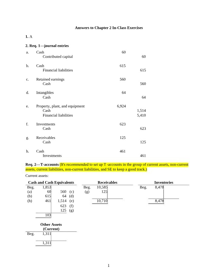Chapter 2 Solutions - In-Class Exercise Journal Entries