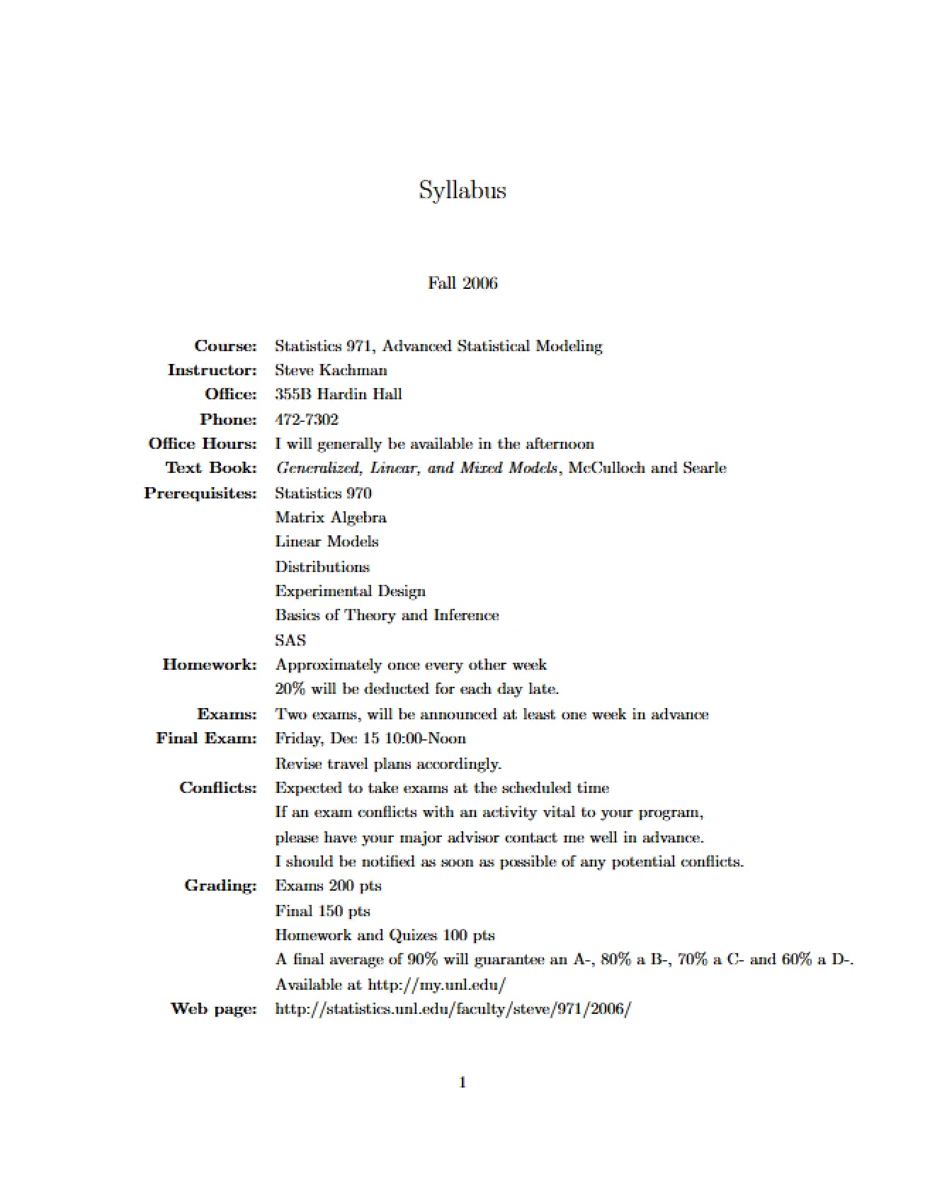 Syllabus for Advanced Statistical Modeling 971