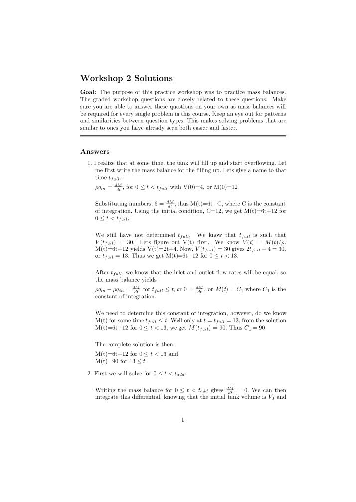 Mass Balances Workshop 2 - Solutions and Practice