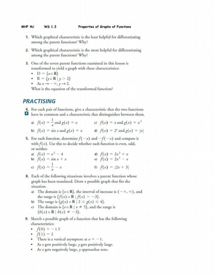 Worksheet 1.3 - Properties of Graphs of Functions