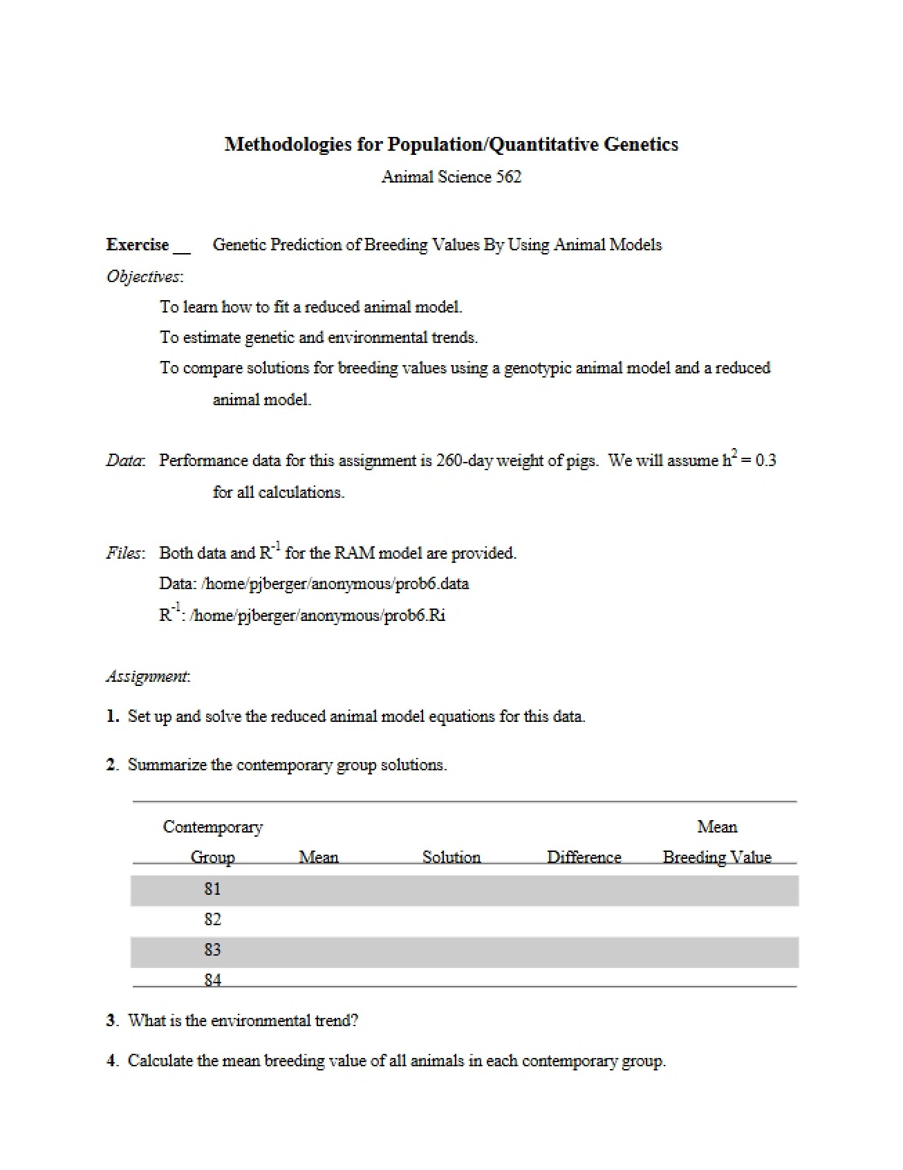 Sixth Exercise in Methodologies for Population Genetics