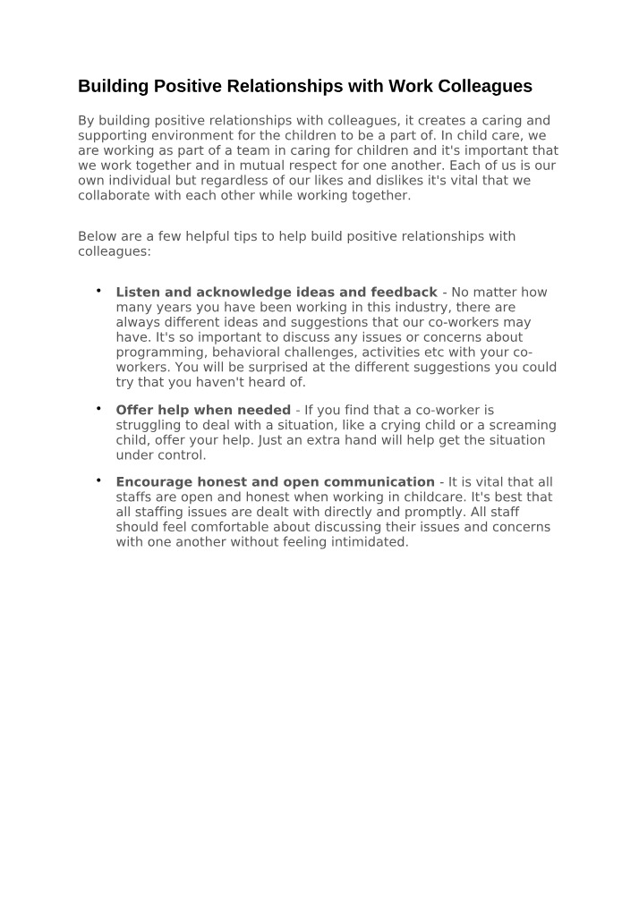Building Positive Work Colleague Relationships