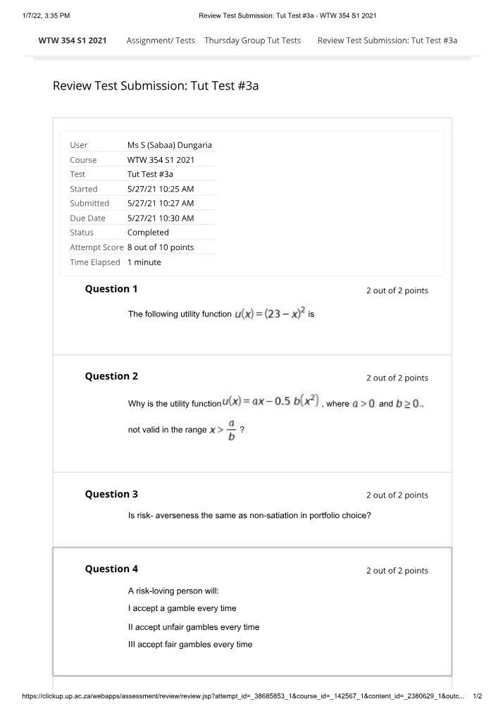 Review Test Submission - Tut Test #3a - WTW 354 S1 2021
