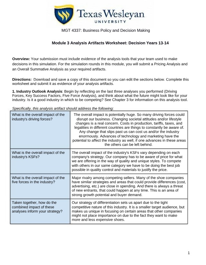 Business Decision Analysis - Years 13-14 Worksheet