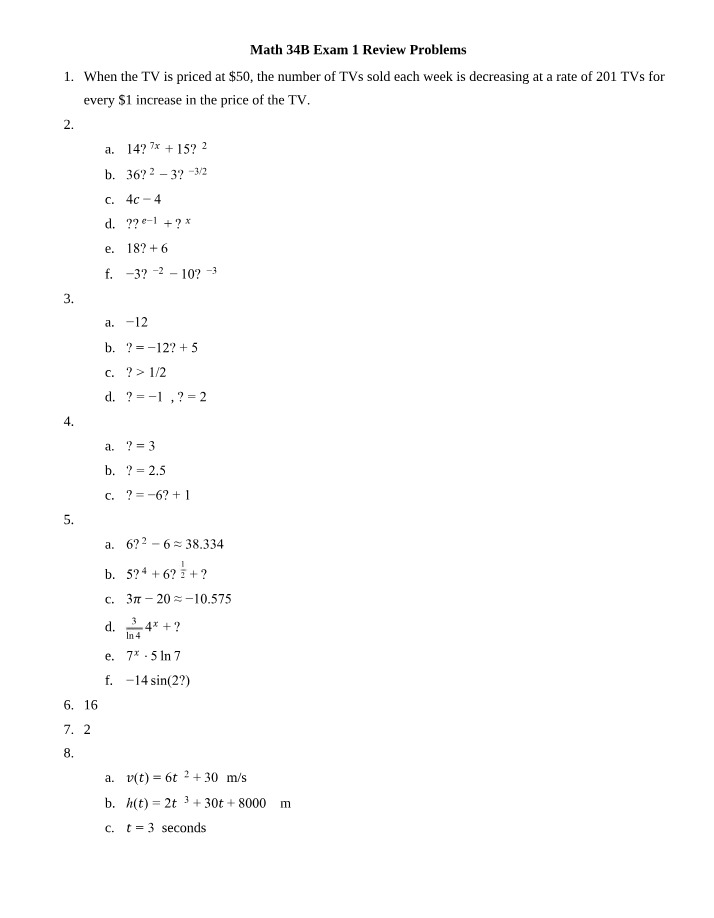 Answers for Exam 1 Review Problems