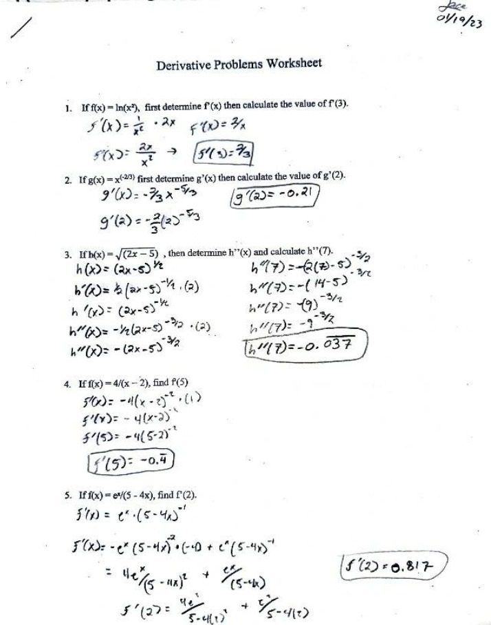 Worksheet for Derivative Problems - f(x), g(x), and h(x)