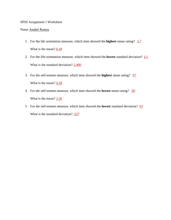 Worksheet for SPSS Assignment 1