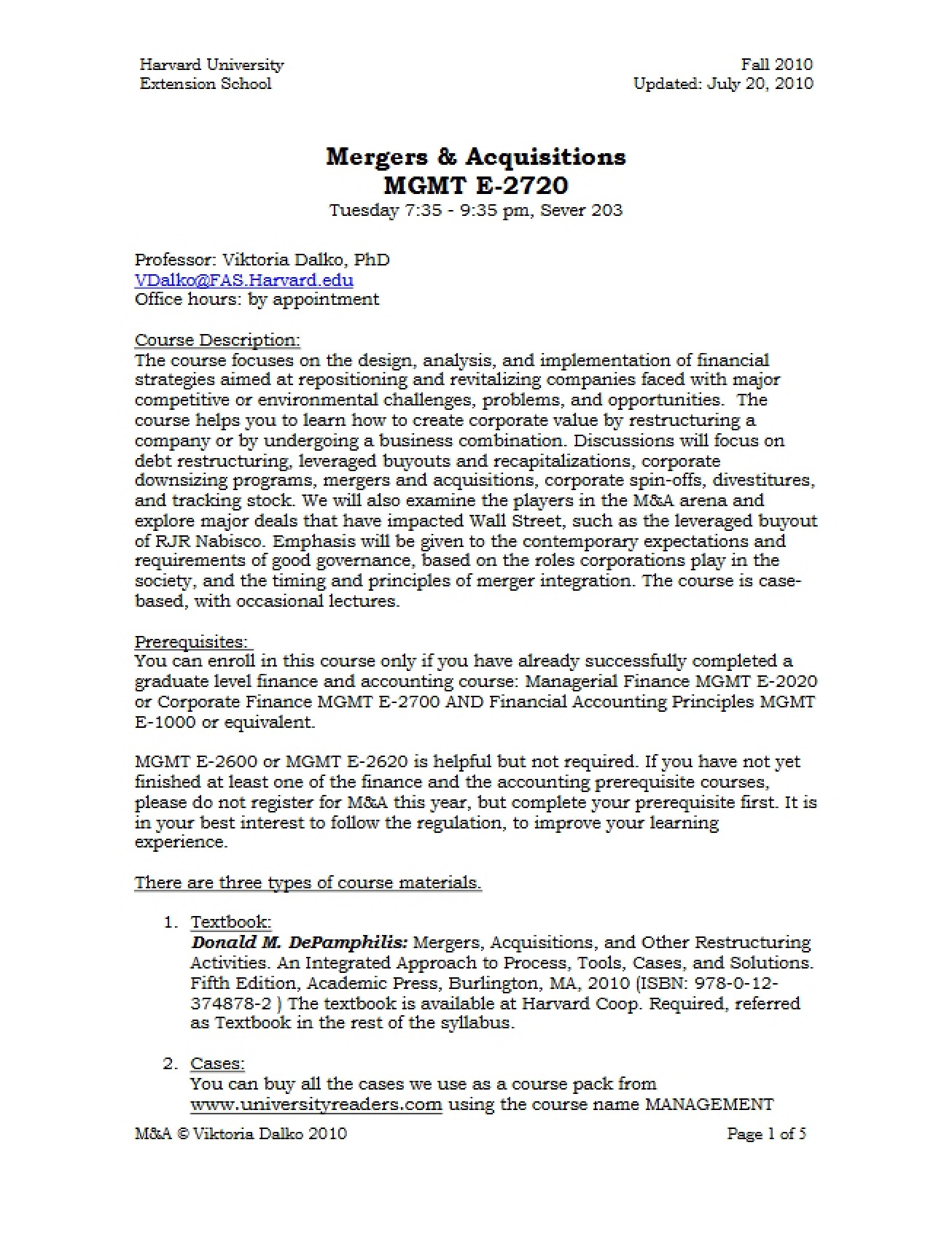 Mergers and Acquisitions Course Outline