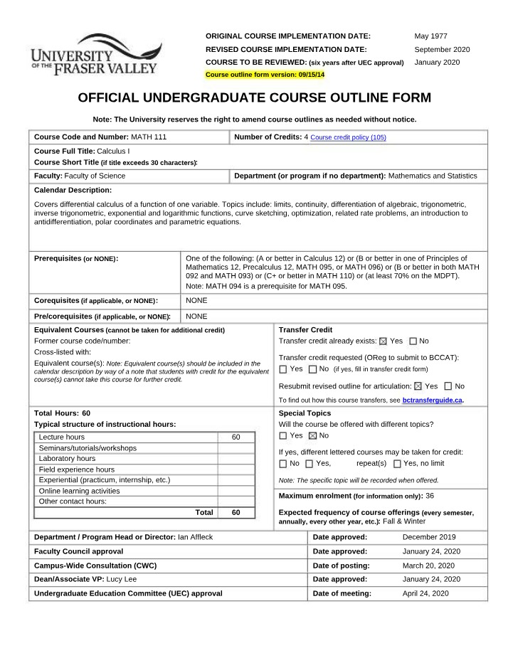 Course Outline - MATH111