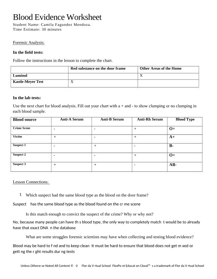 Worksheet on Blood Evidence