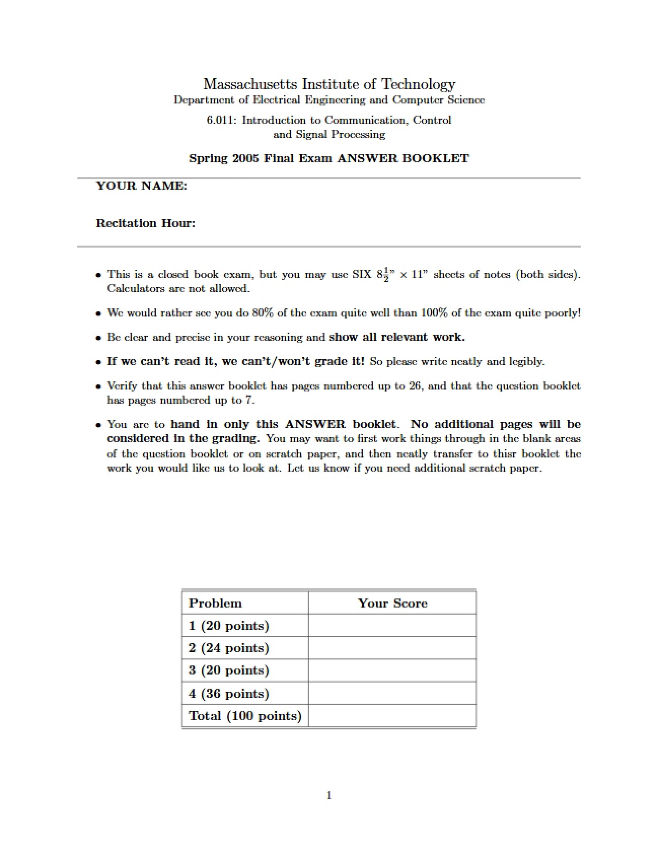 Answer Booklet for Final Exam