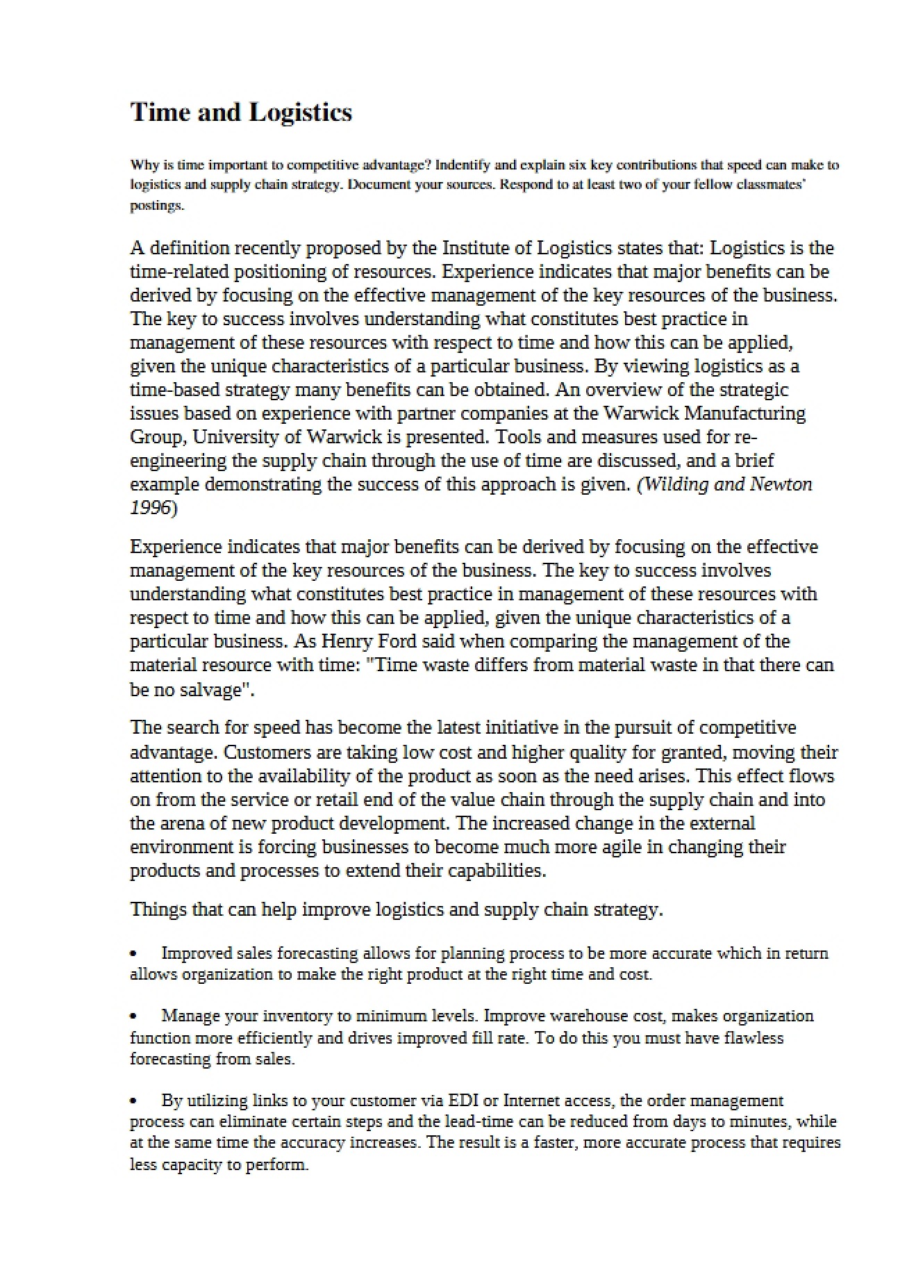 Analysis of Time and Logistics