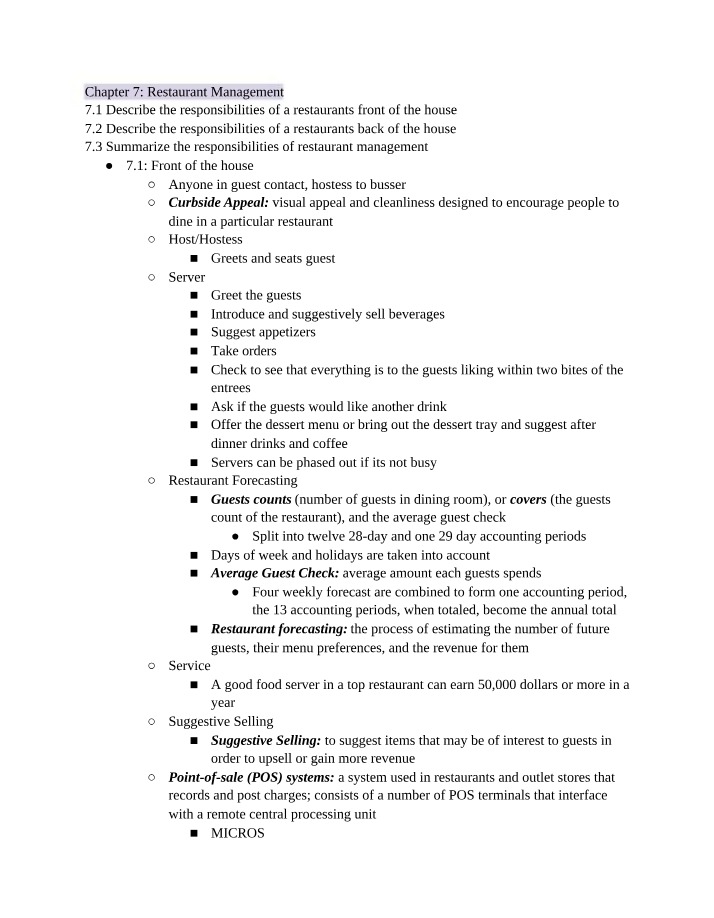 Forecasting, Operations, and Restaurant Management Responsibilities