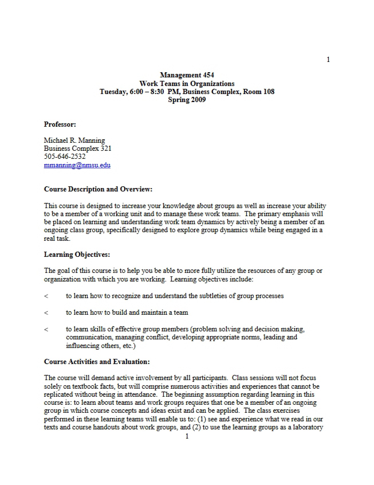 Syllabus for Work Teams in Organizations