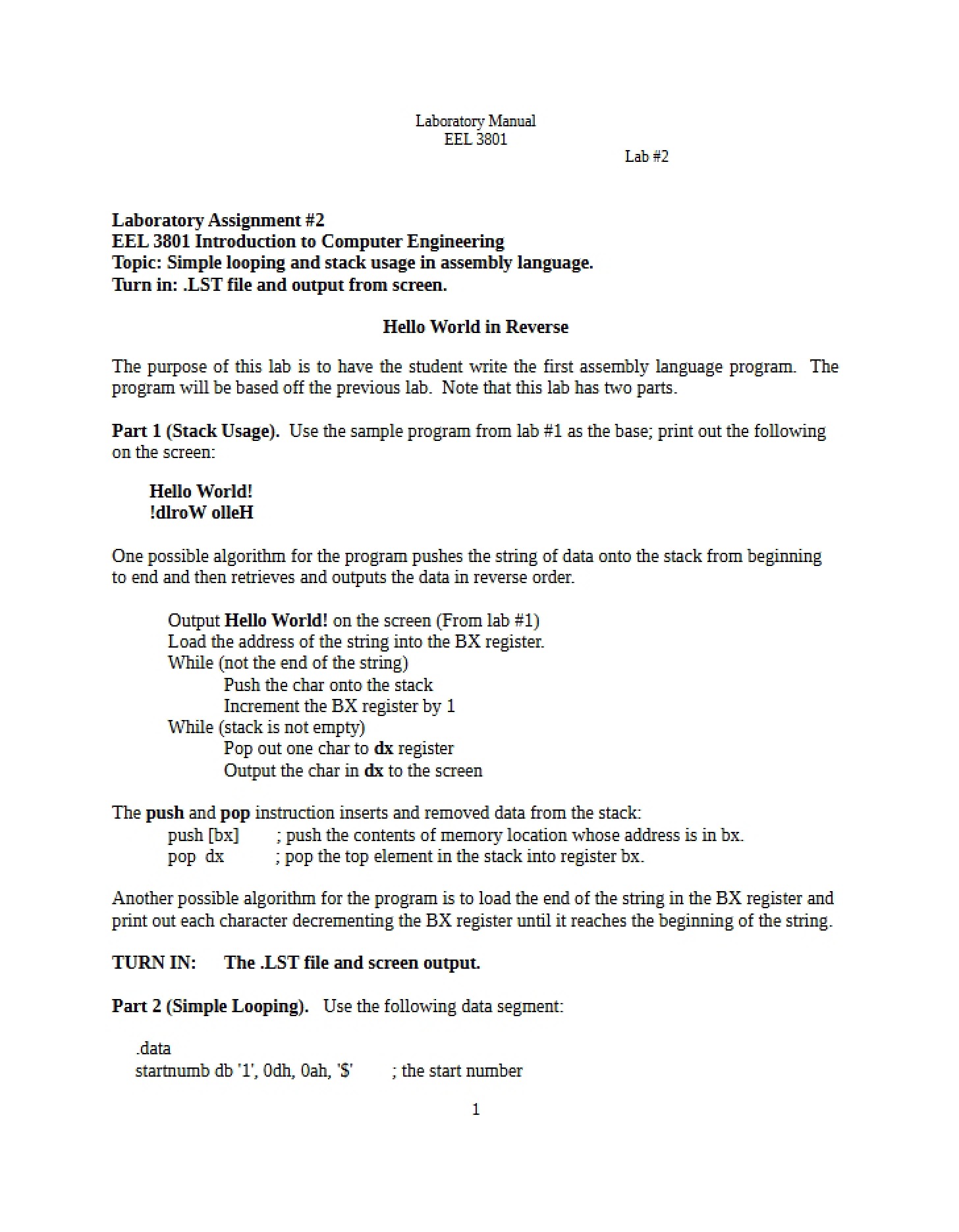 Laboratory Assignment (EEL 3801)
