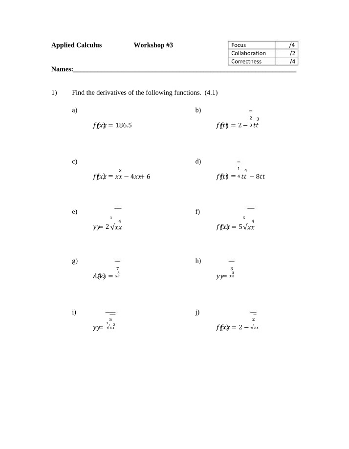 Workshop #3 for Applied Calculus