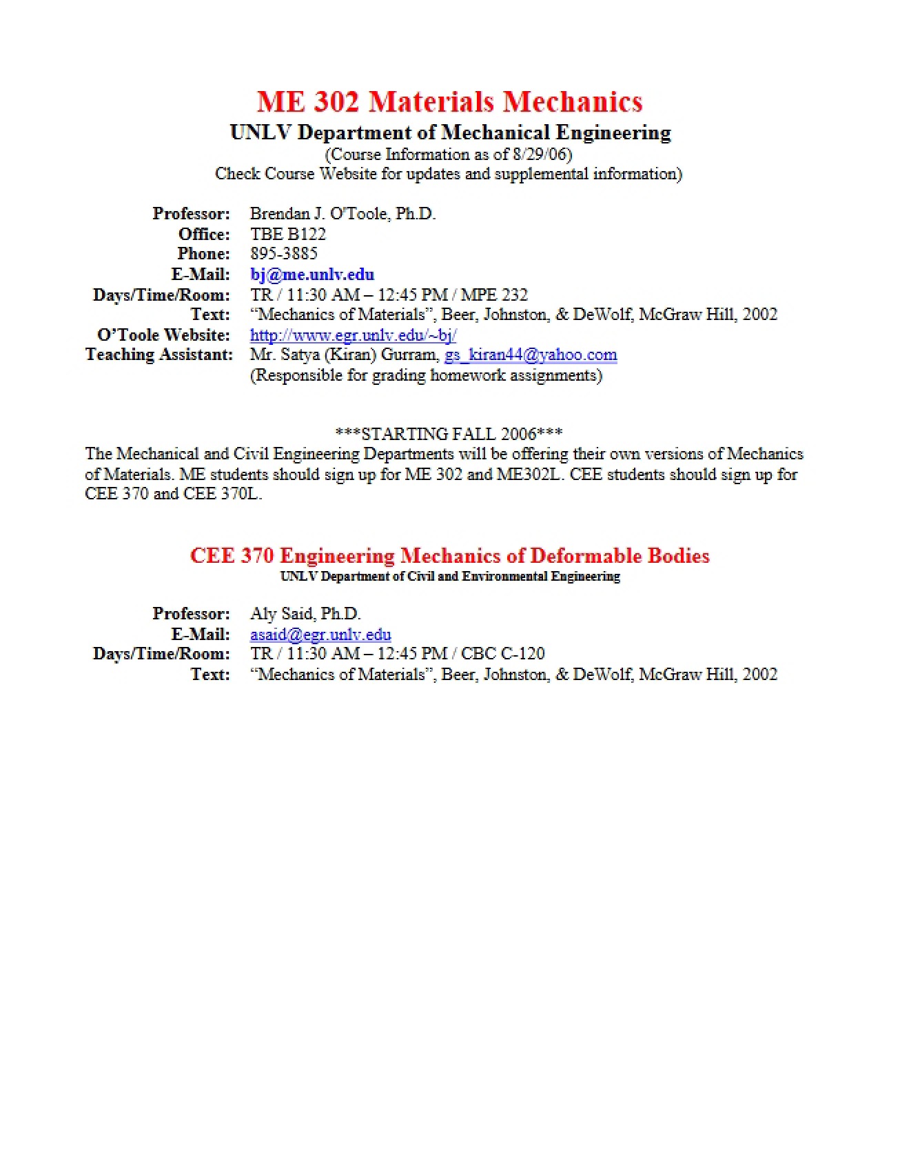 Materials Mechanics Syllabus