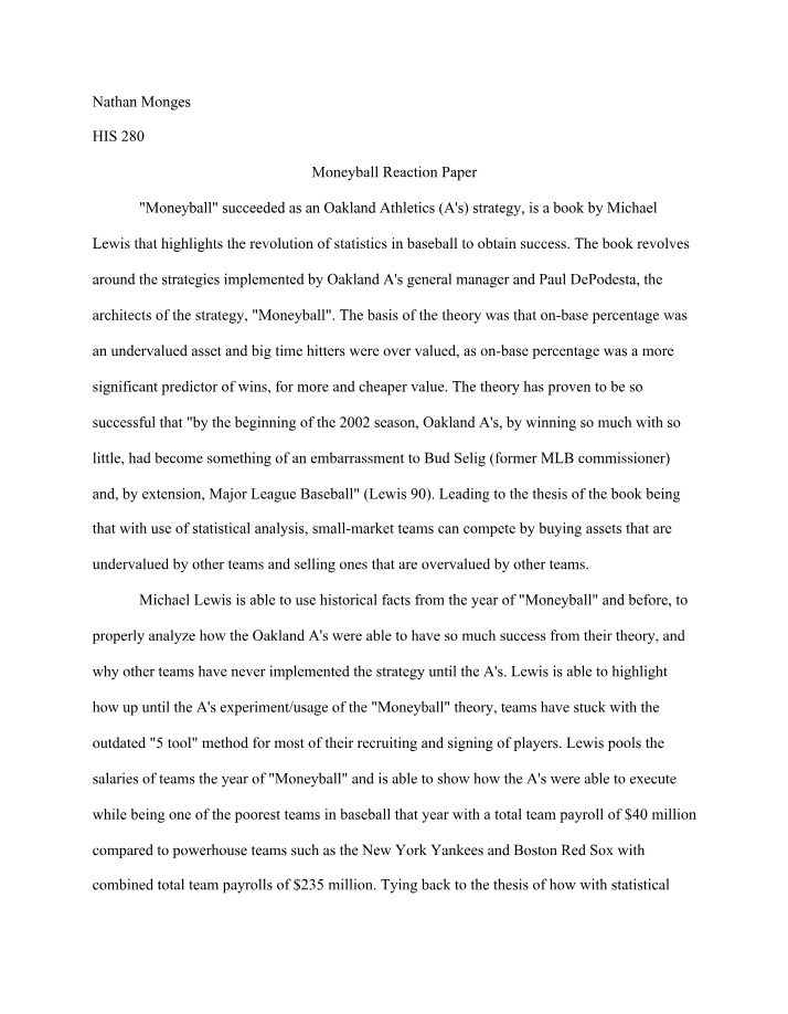 History 300 Reaction Paper on Moneyball