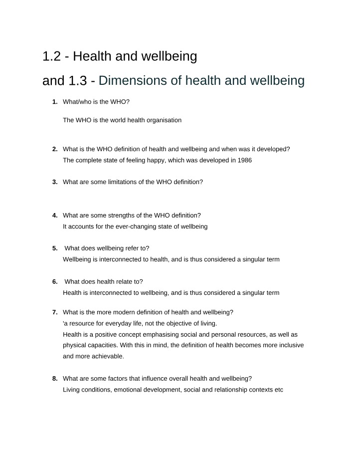 Dimensions of Health and Wellbeing - Notes