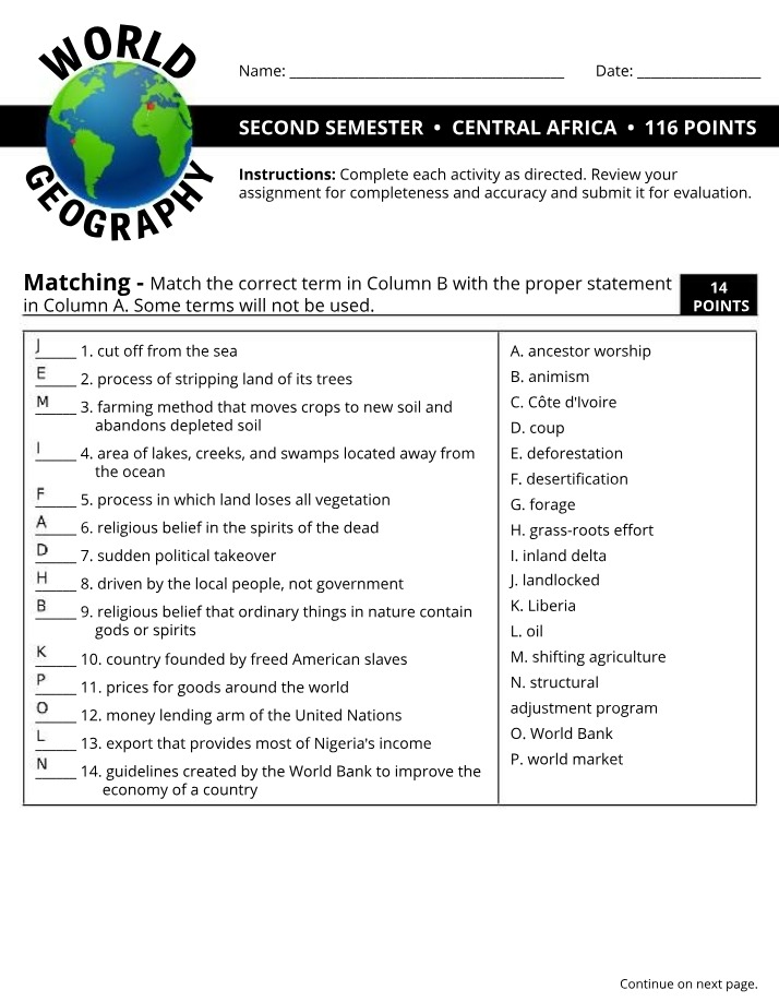 Worksheet on West Africa World Geography