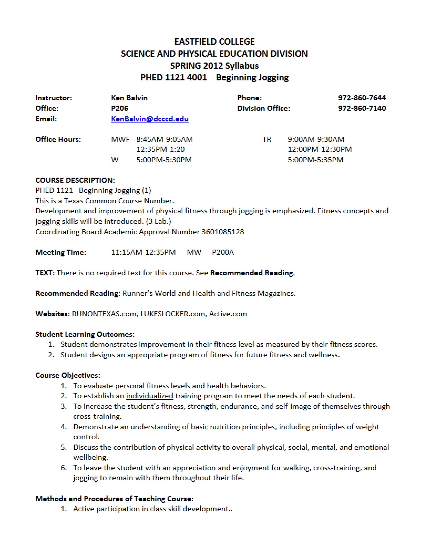 Course Syllabus for Beginning Jogging