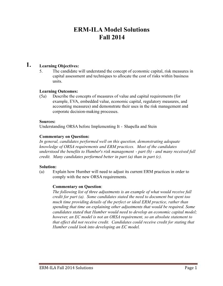 Fall 2014 ERM-ILA Solutions