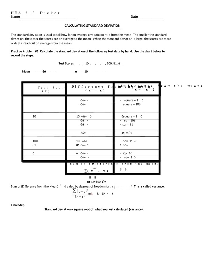 Worksheet on Standard Deviation Practice