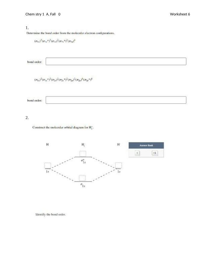 Worksheet 6 - Chemistry 14A Fall 2022