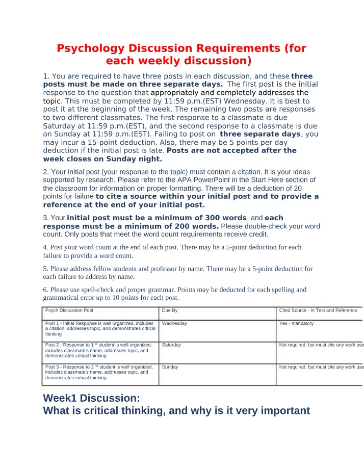 Requirements for Psychology Discussion and Critical Thinking