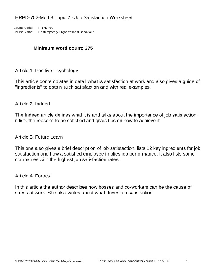 Job Satisfaction Worksheet - Mod 3 Topic 2