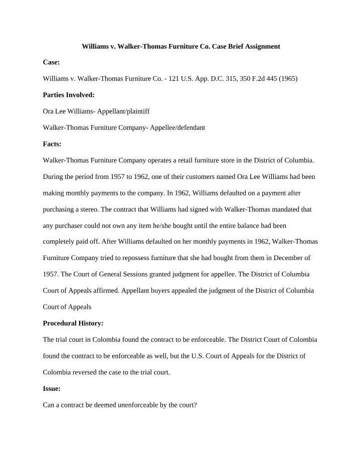Williams v. Walker-Thomas Furniture Co. Case Brief
