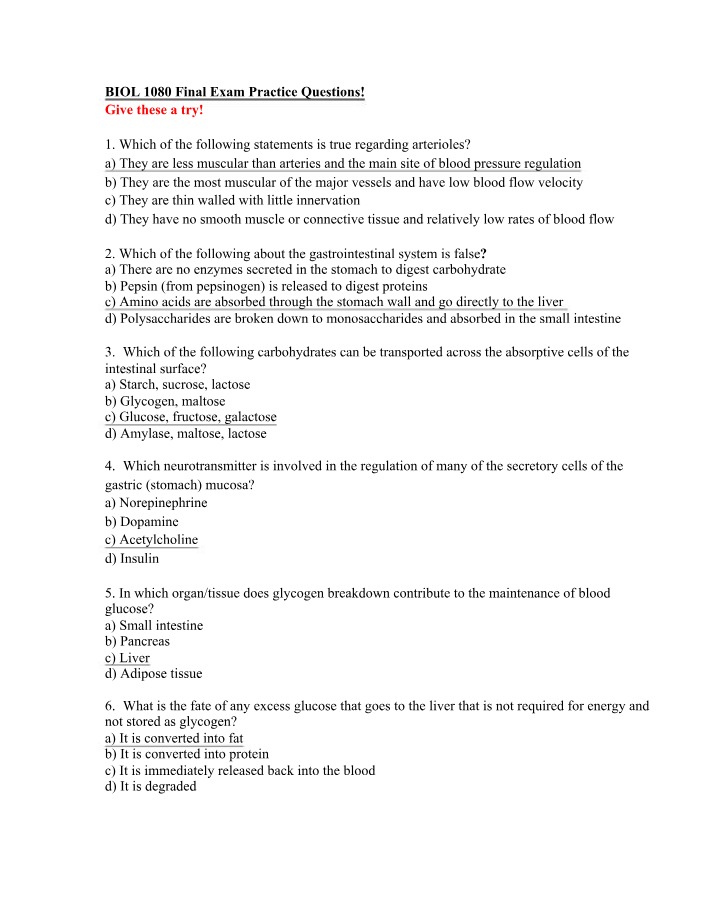 BIOL 1080 Final Exam Practice Questions - Arterioles