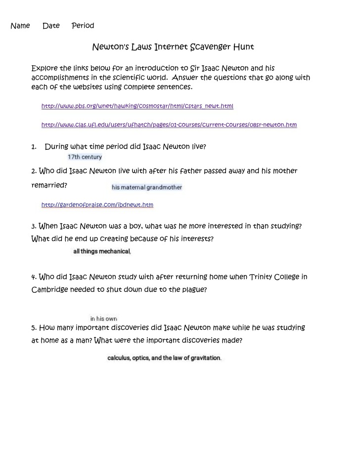 Internet Scavenger Hunt on Newton's Laws