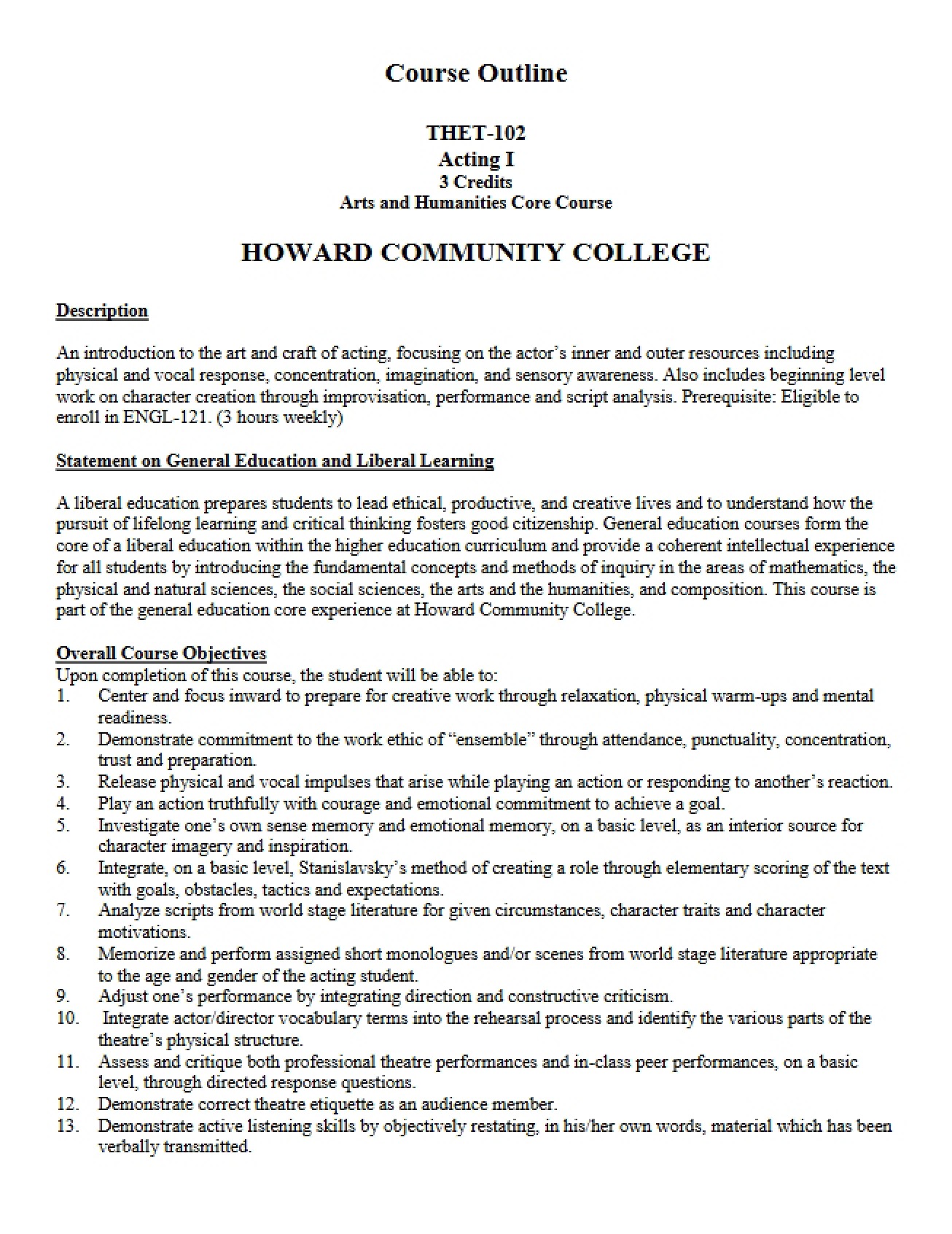 Outline of Course for THET 102