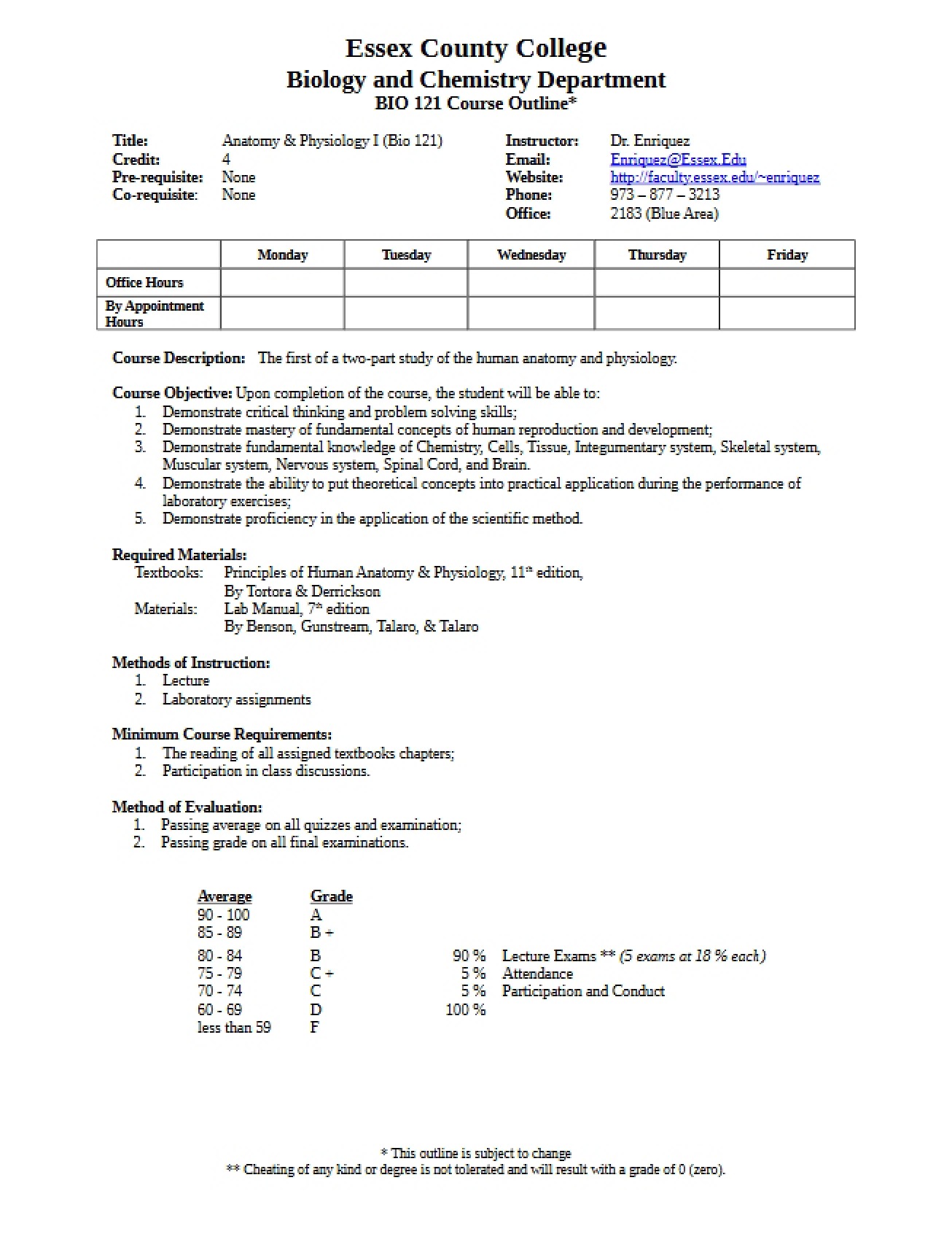 Anatomy and Physiology I Syllabus