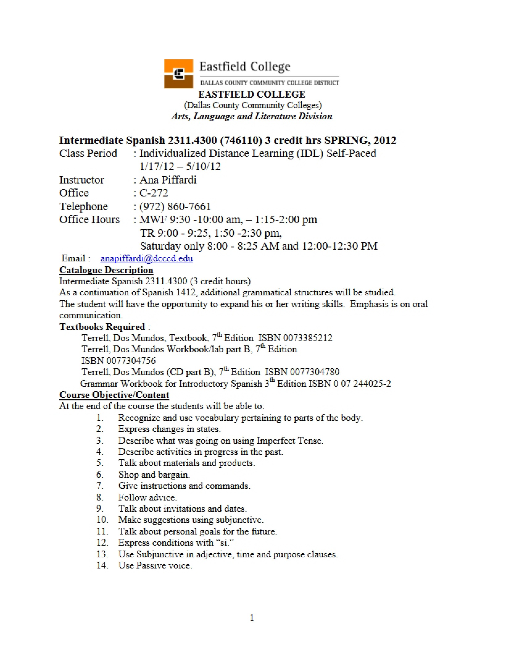 Intermediate Spanish I Syllabus - 15 Pages