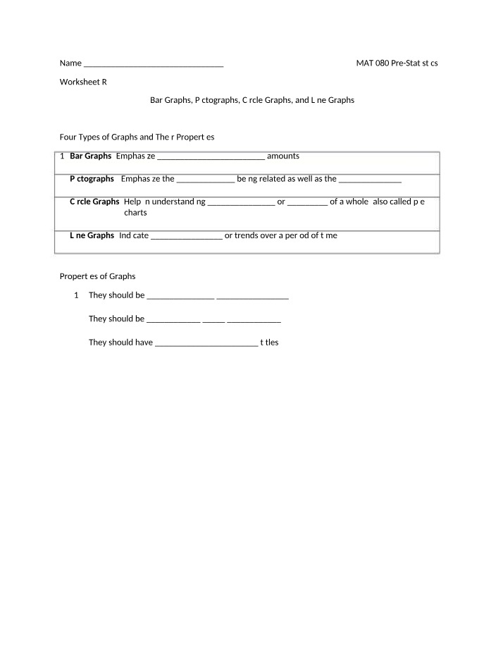 Worksheet R.5 - Bar, Pictographs, Circle, and Line Graphs