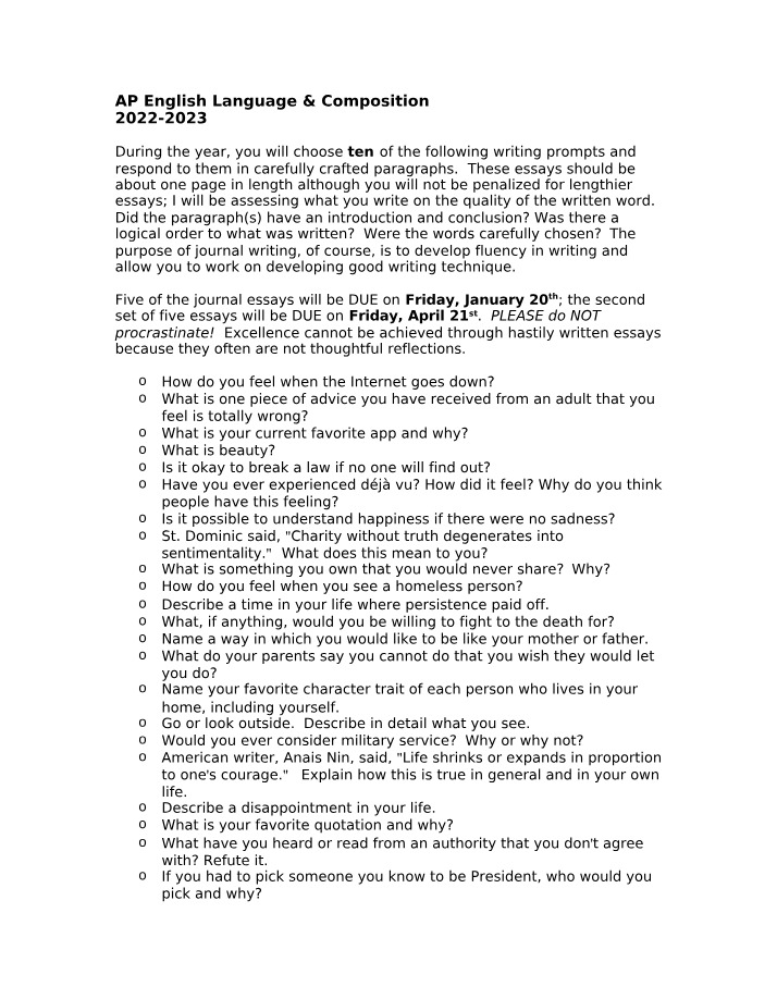 2022-2023 Writing Prompts and Essays