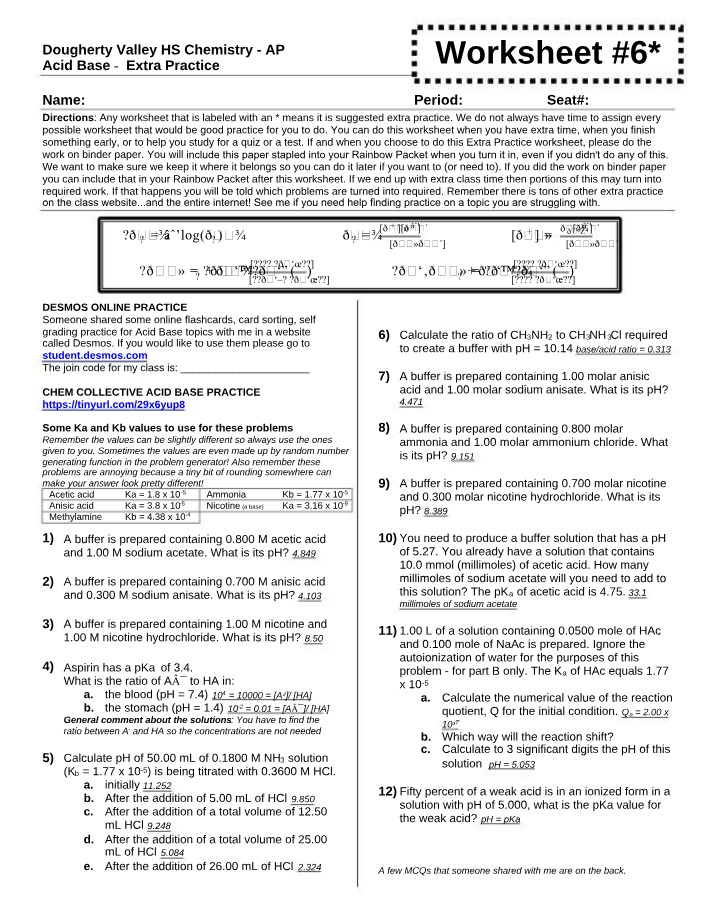 Worksheet 6 - Acid-Base Extra Practice