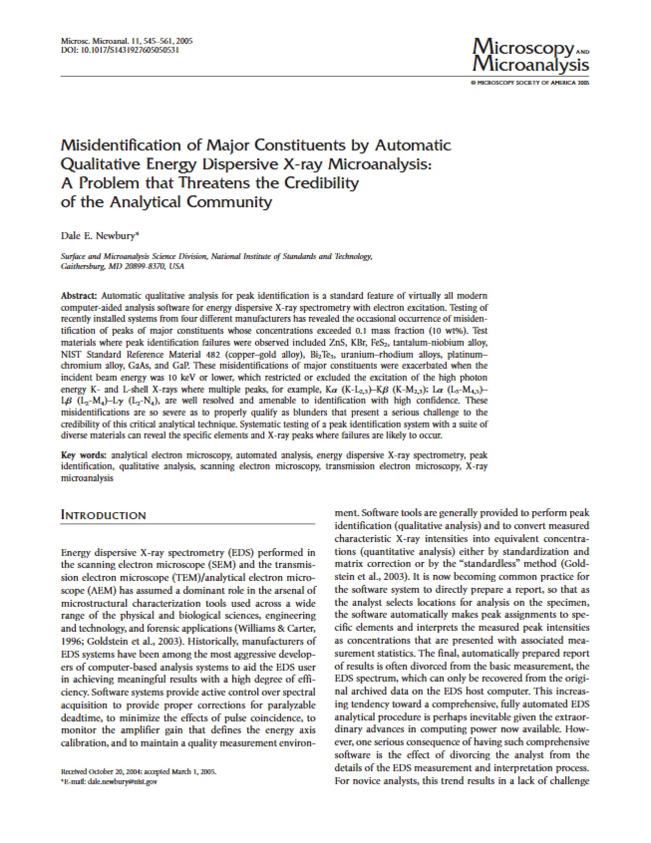 Automatic Qualitative Energy Dispersive X-ray Major Constituent Misidentification