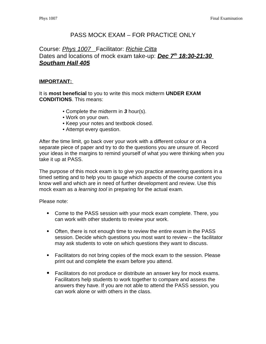 PHYS1007 Mock Exam