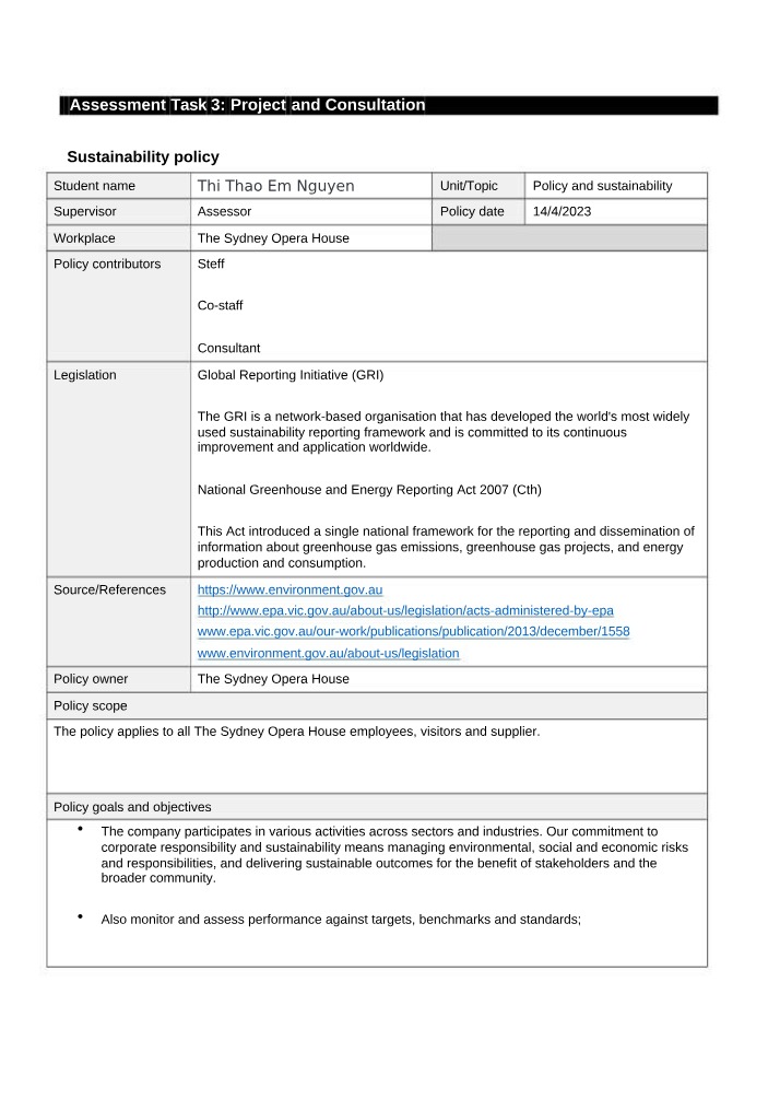 Sydney Opera House Sustainability Policy and Implementation Guide