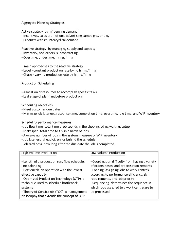 Aggregate Planning Strategies and Production Scheduling