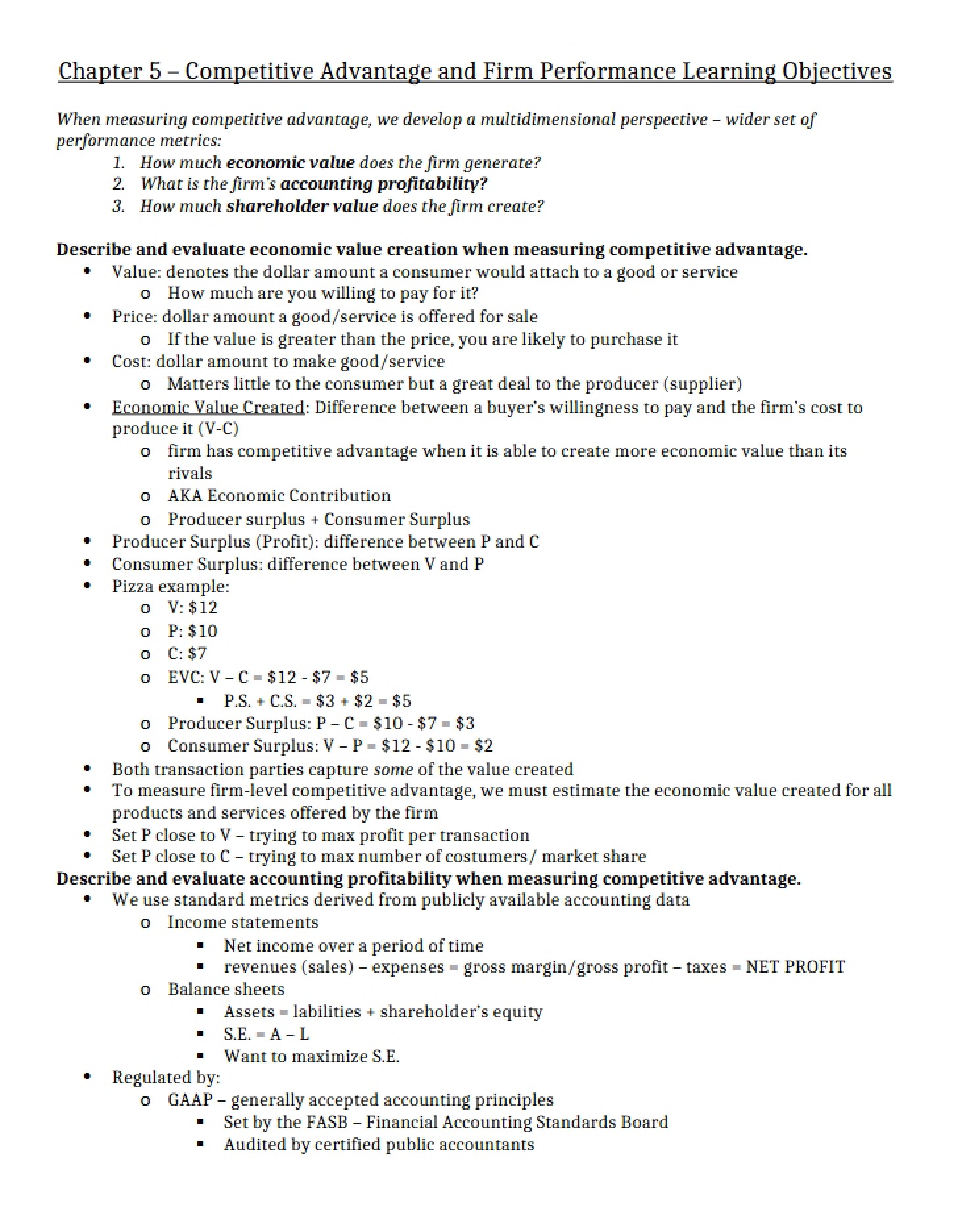 Learning Objectives Competitive Advantage and Firm Performance (Ch 5)