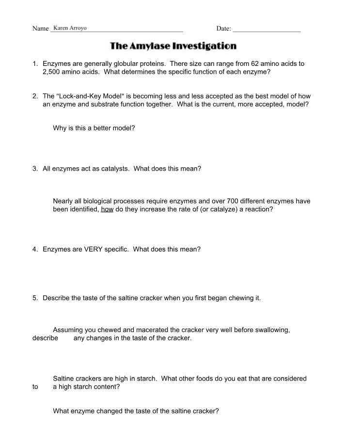 Worksheet on Amylase