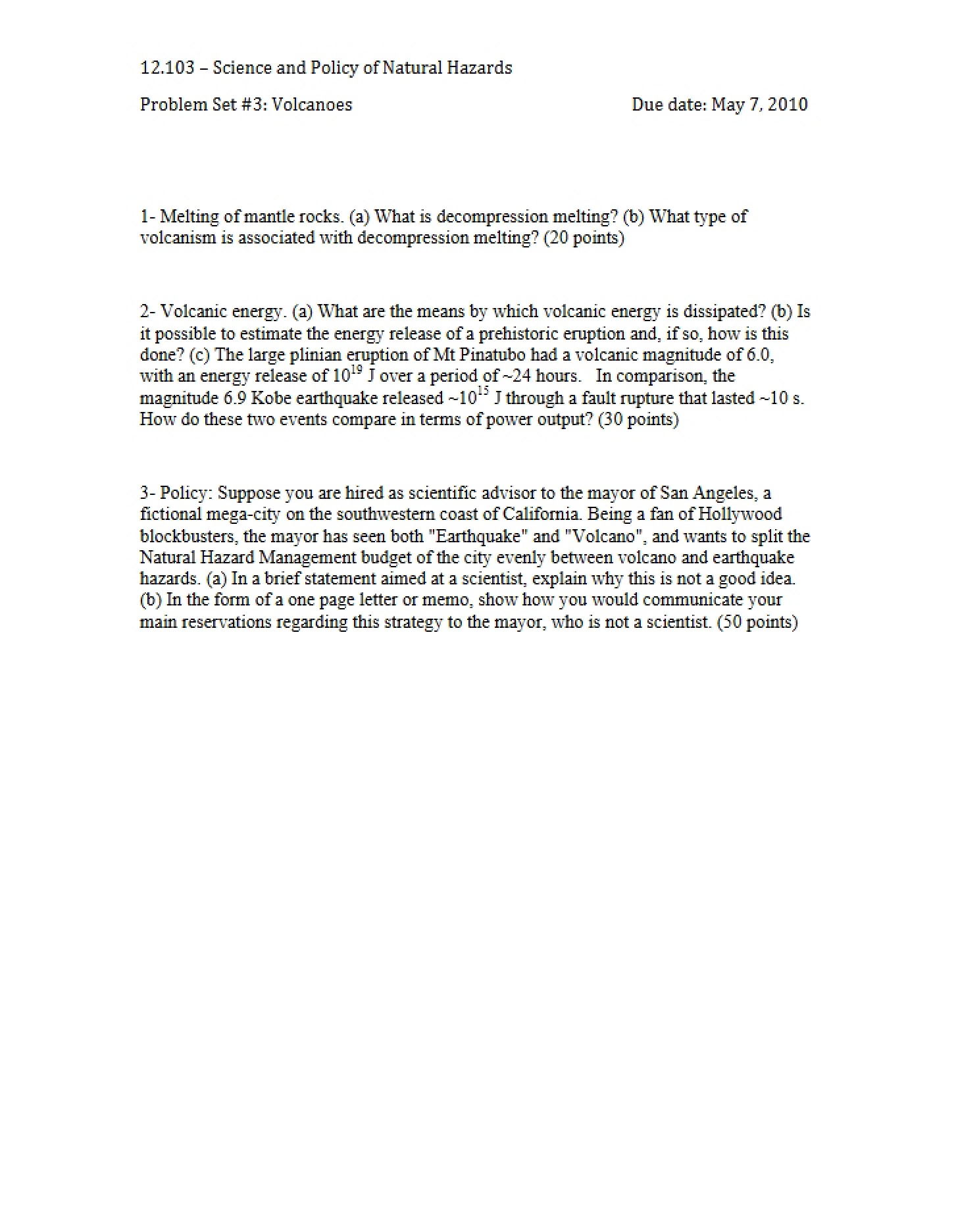 Volcanoes Third Problem Set