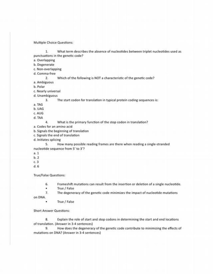 Genetic Code Multiple Choice and True-False