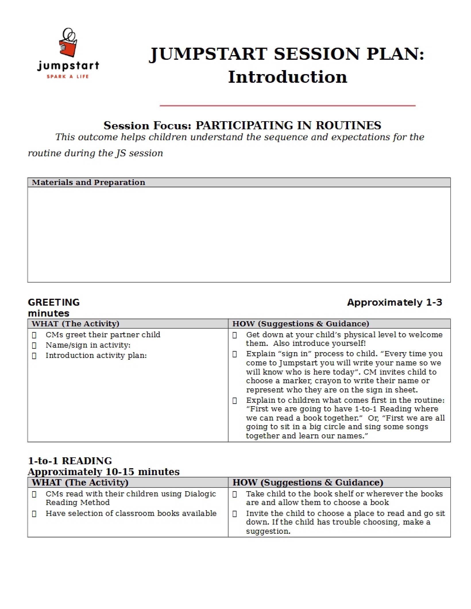 Introductory Weekly Session Plan